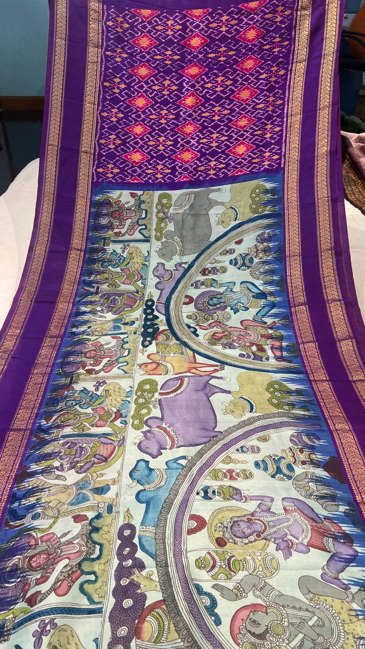Pen Kalamkari ikkath Pattu Kanchi gap border Saree