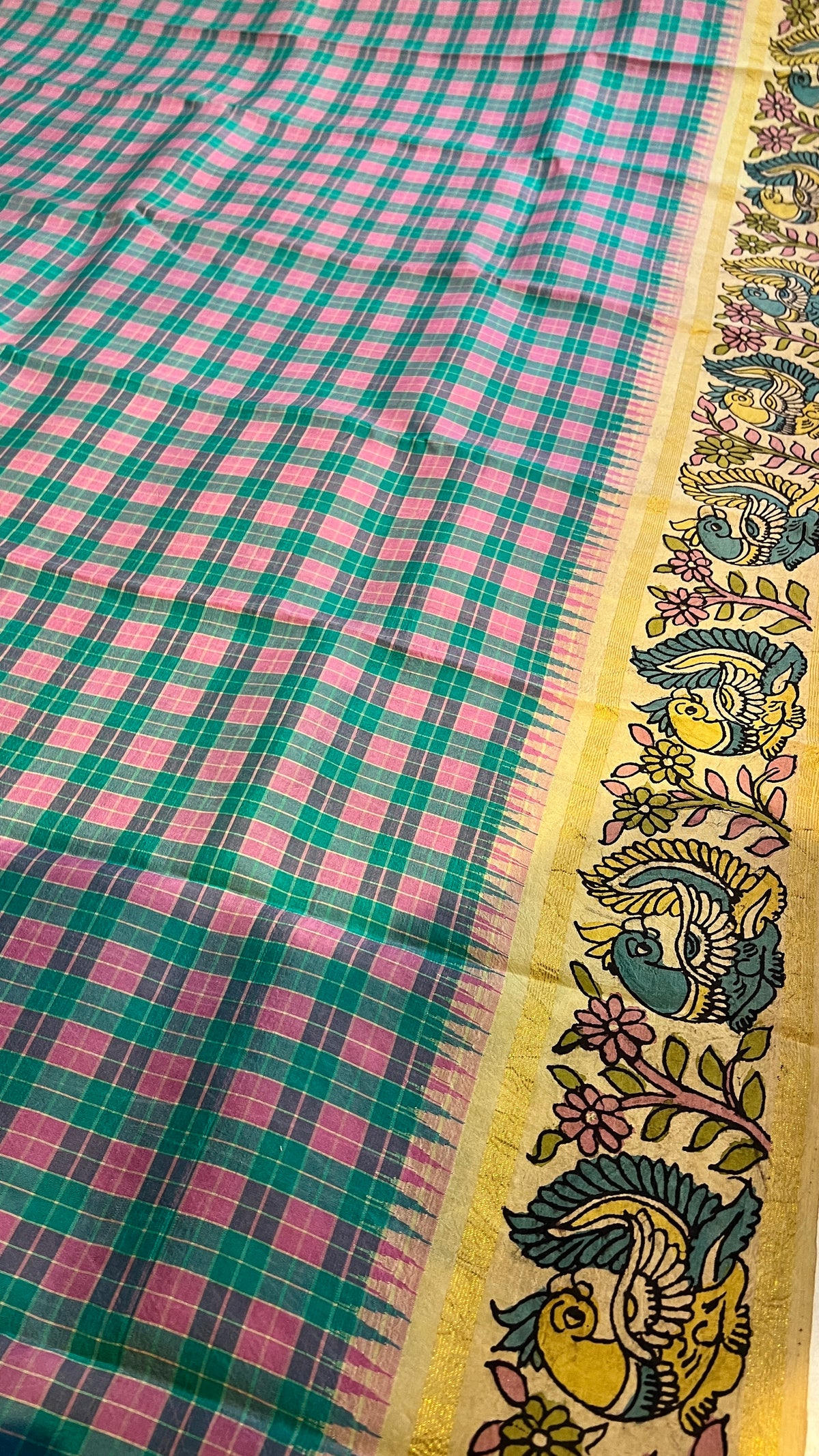 Pen Kalamkari Kattam checks Kanchipattu saree