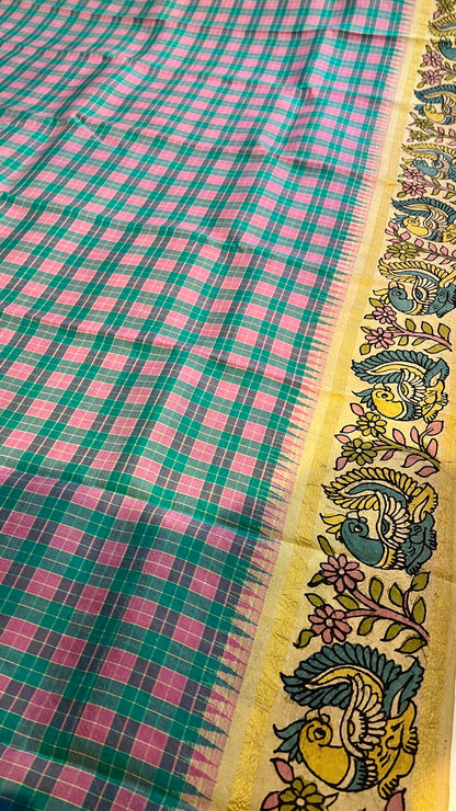 Pen Kalamkari Kattam checks Kanchipattu saree