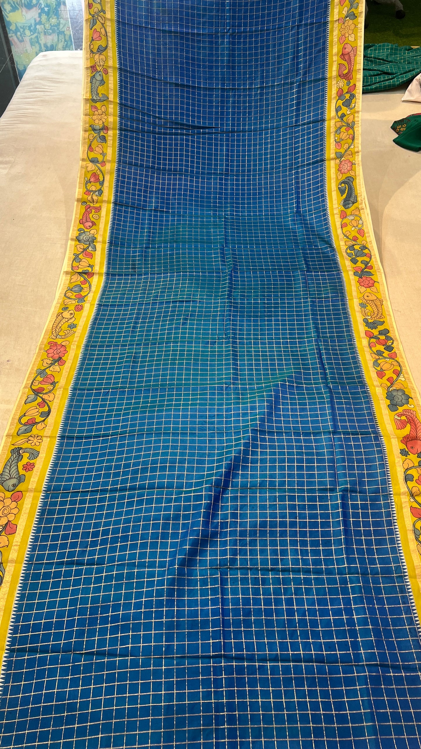 Kanchipattu Checks Saree with Pen Kalamkari Border