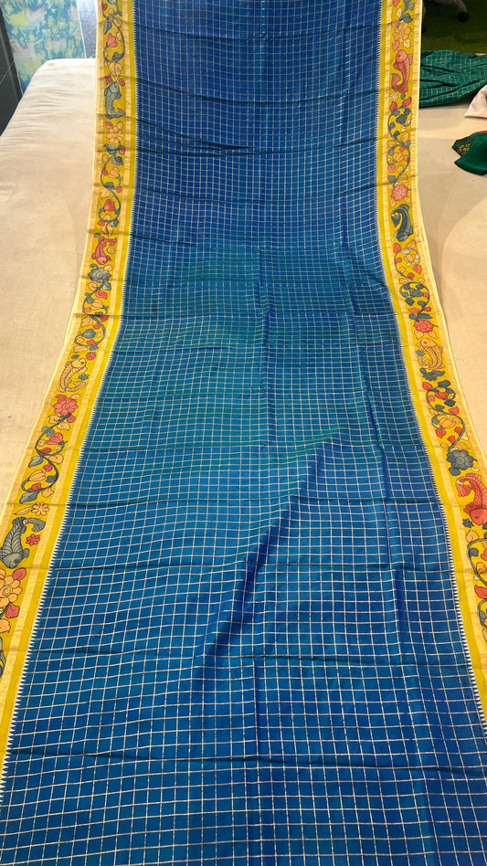 Kanchipattu Checks Saree with Pen Kalamkari Border