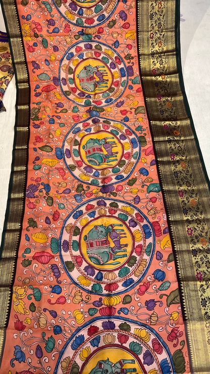 Pen Kalamkari Meenakari Border Kanchi Pattu Saree