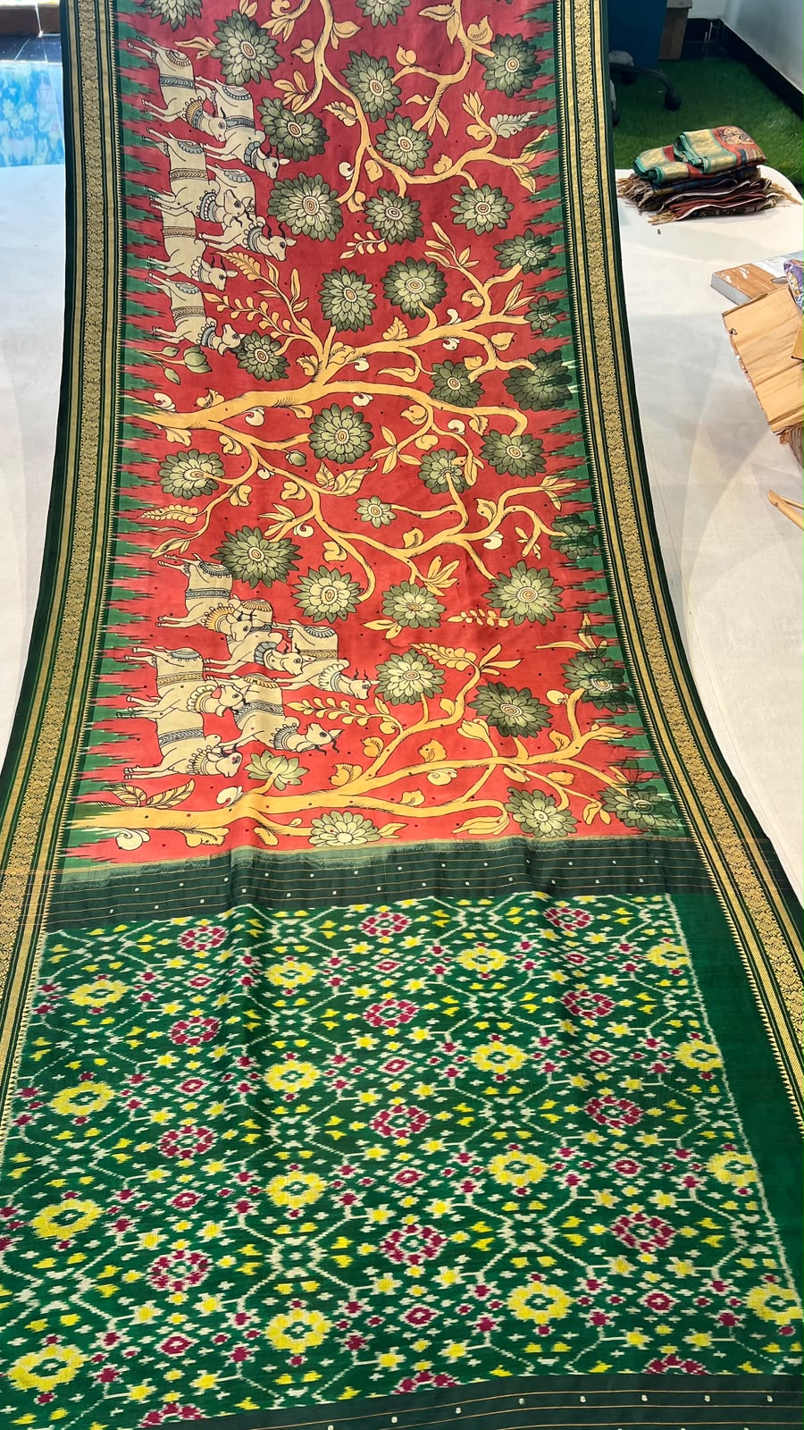 Pen kalamkari ikkath pattu saree