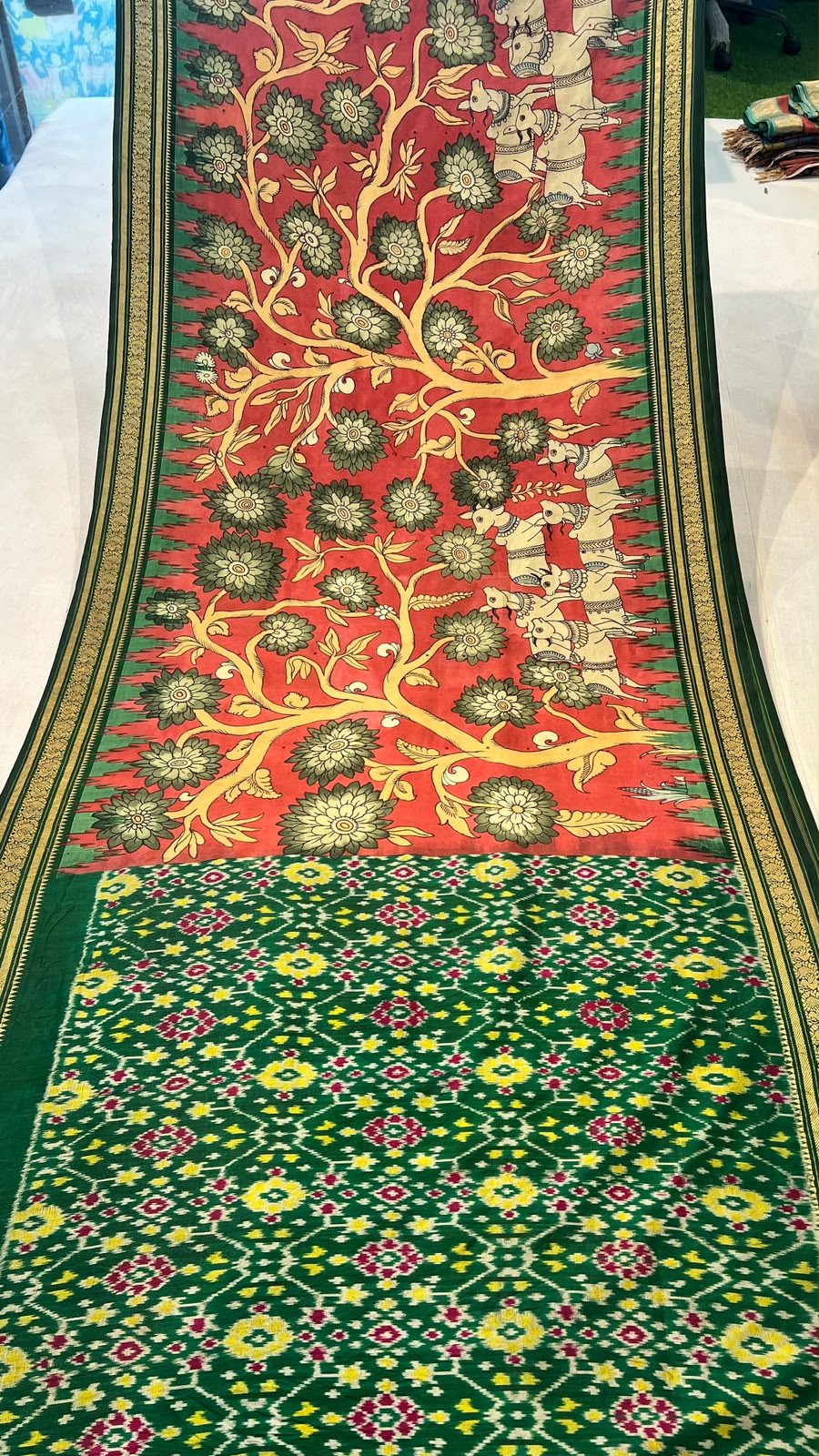 Pen kalamkari ikkath pattu saree