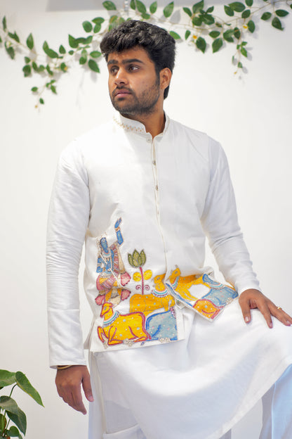 Pen kalamkari krishna and cows applique kurta with overcoat