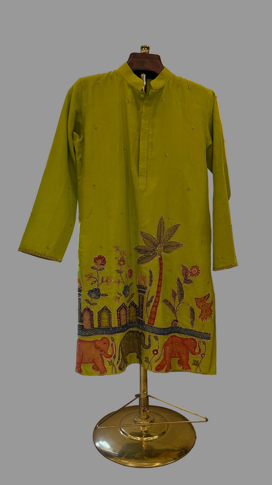 Pen kalamkari applique on Green kurta 