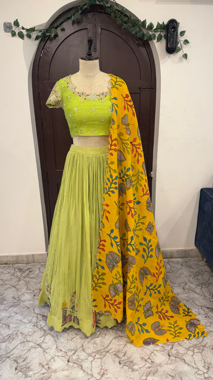 Pen Kalamkari appliqué lehenga in rich tissue fabric