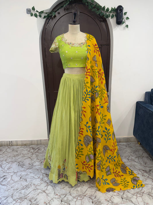 Pen Kalamkari appliqué lehenga in rich tissue fabric