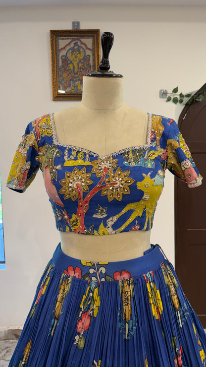 Royal blue pen kalamkari animal concept Lehenga