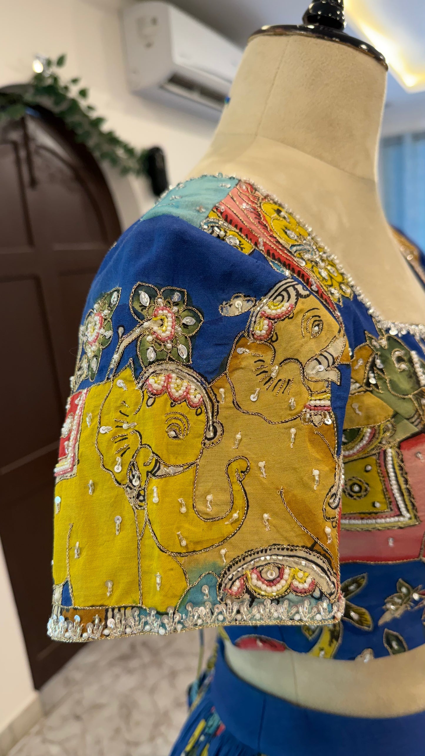 Royal blue pen kalamkari animal concept Lehenga