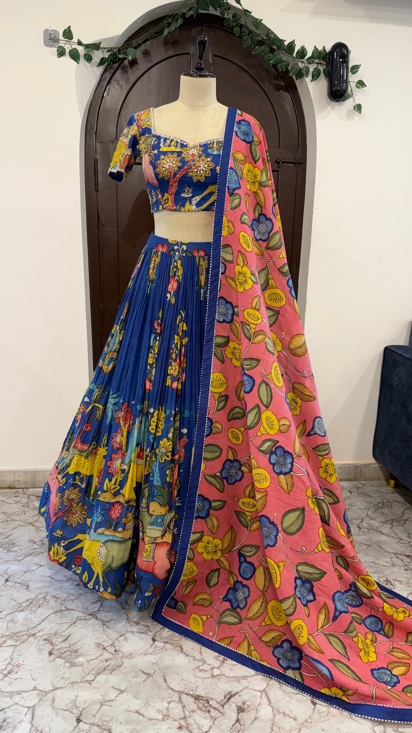 Royal blue pen kalamkari animal concept Lehenga