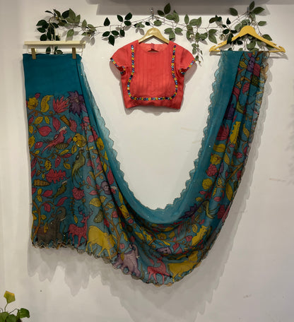 Blue Organza Saree with Pen Kalamkari Animal Design & Mirror Work Blouse