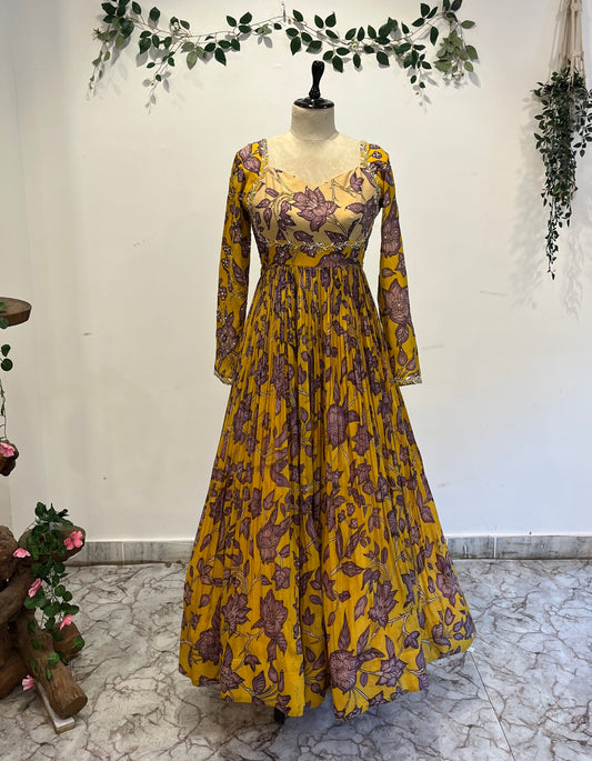 Traditional Floral Pen Kalamkari Long Frock