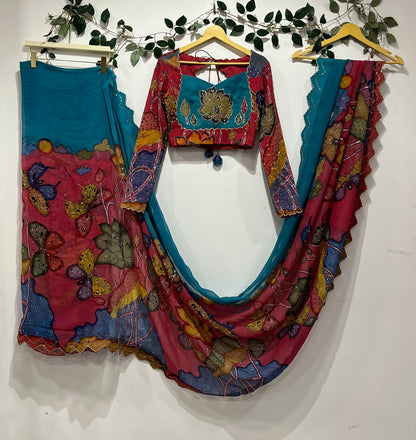 Pen Kalamkari Organza Saree with Butterfly Design