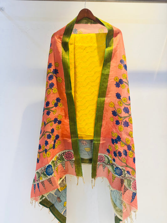 Banaras Tissue suit paired with pen kalamkari duppata