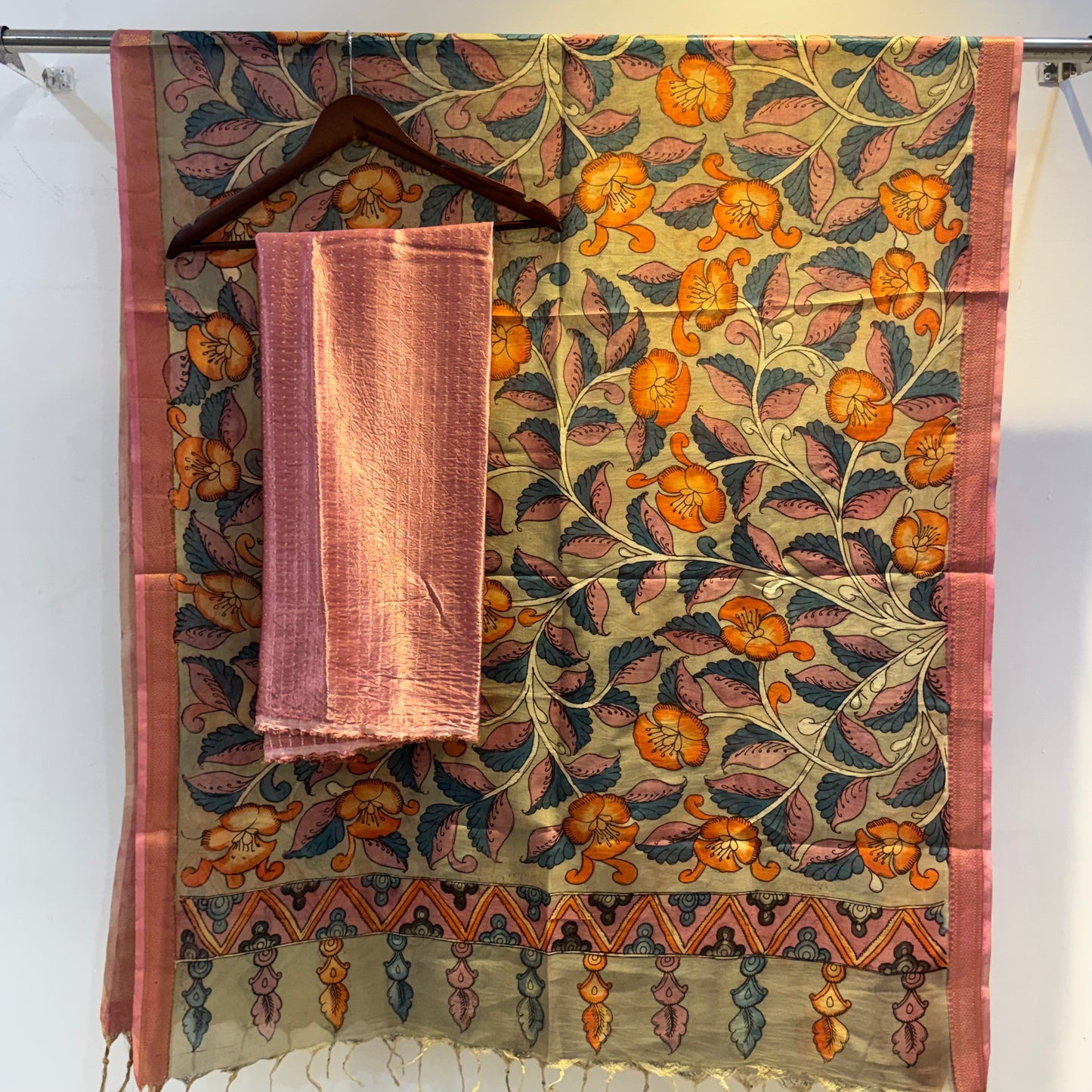 Gaji silk suit with pen kalamkari duppata