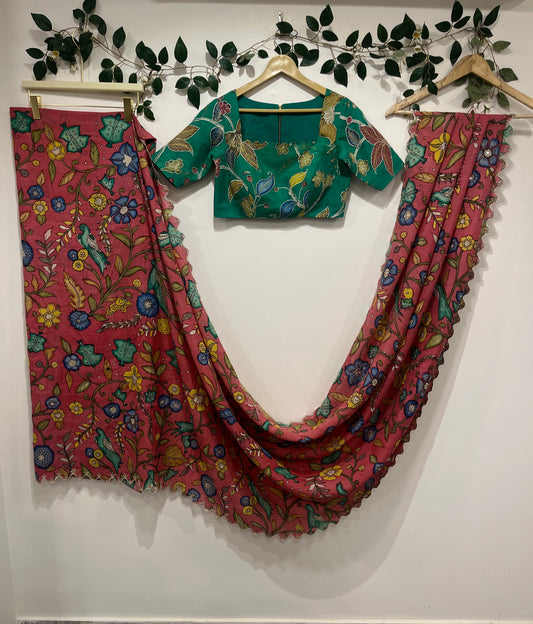 Peach & Sea Green Kalamkari Bangalore Silk Saree