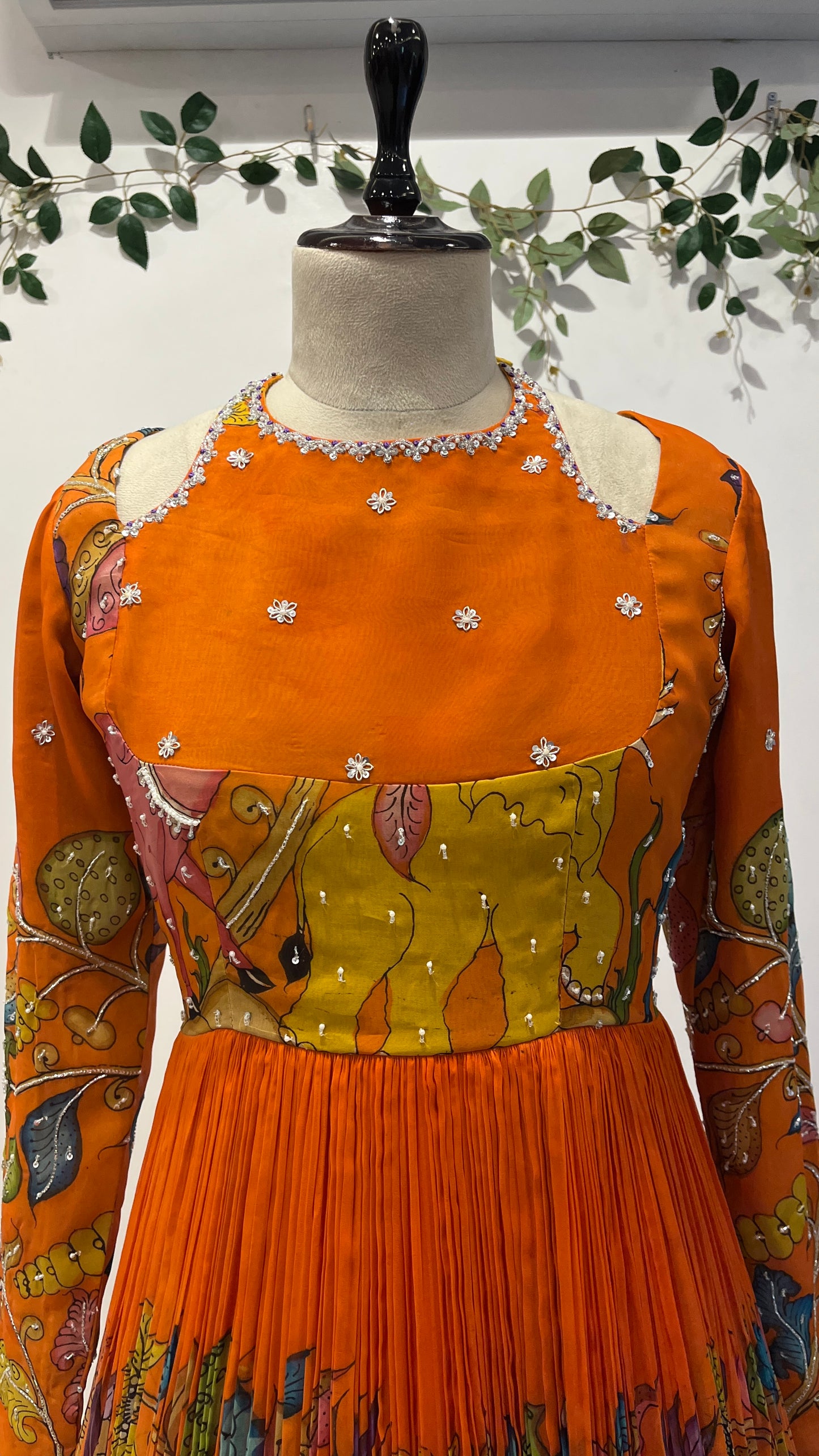Pen Kalamkari Organza Halter Neck Long Frock