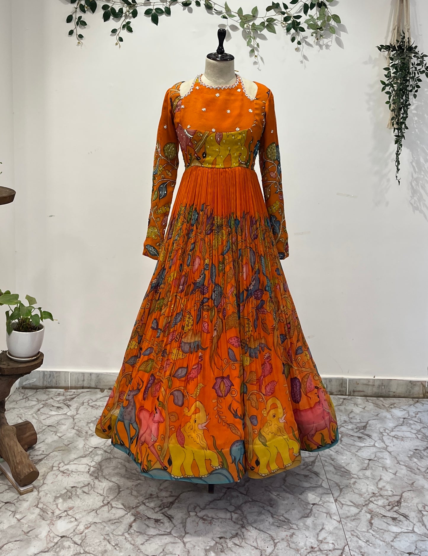 Pen Kalamkari Organza Halter Neck Long Frock