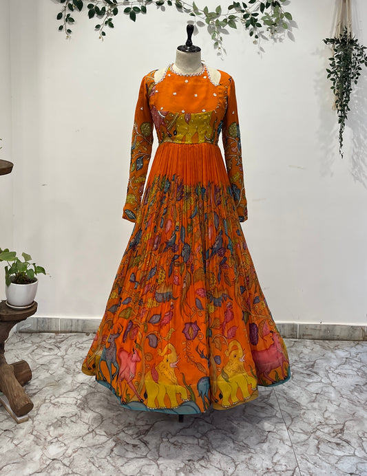 Pen Kalamkari Organza Halter Neck Long Frock