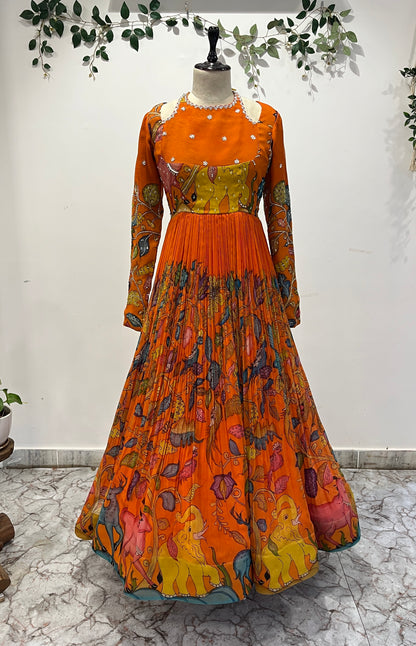 Pen Kalamkari Organza Halter Neck Long Frock