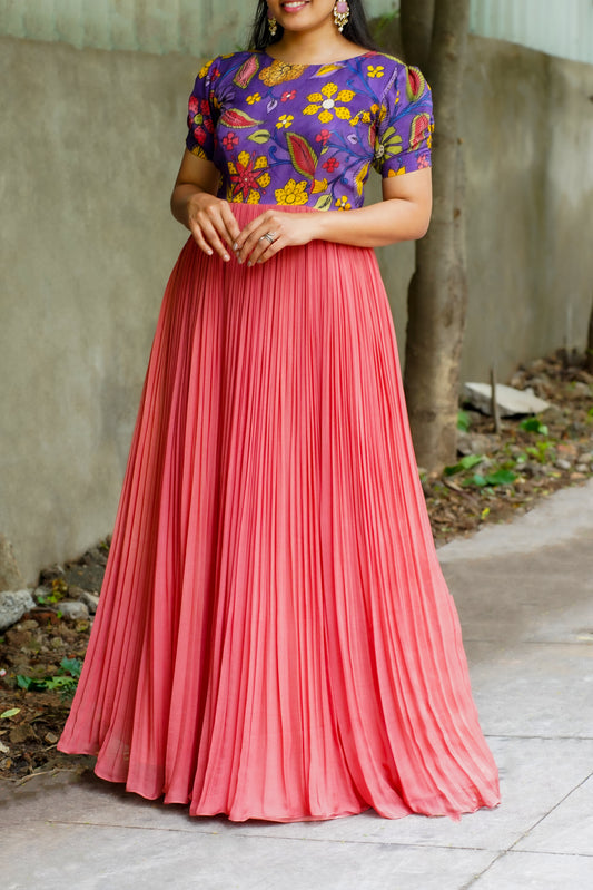 Lavender & Peach Floral Georgette Flare Dress Long Frock