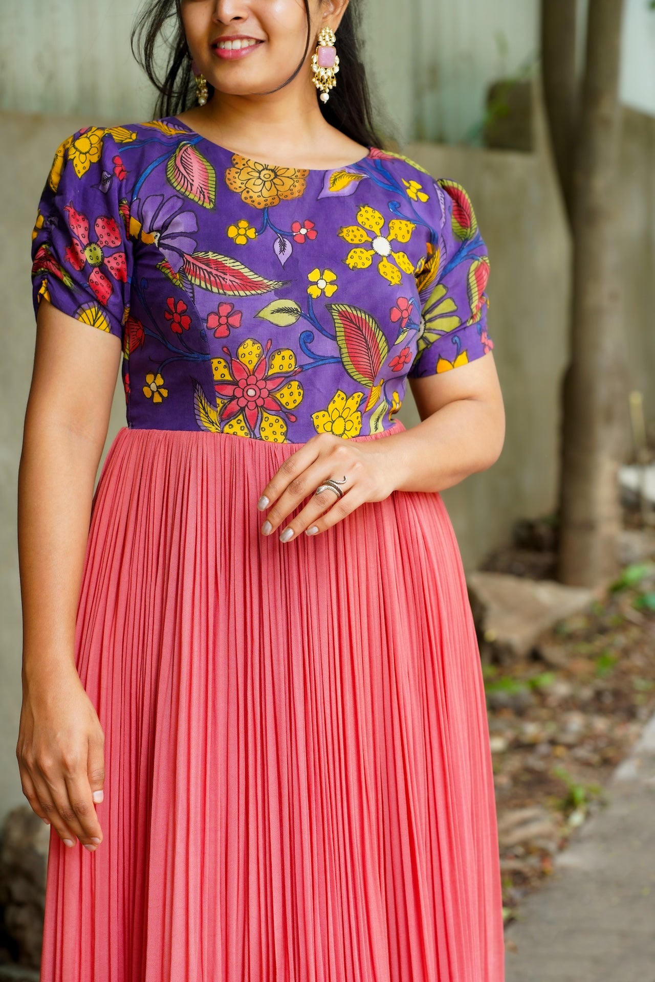 Lavender & Peach Floral Georgette Flare Dress Long Frock