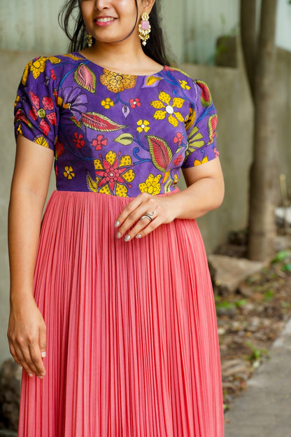 Lavender & Peach Floral Georgette Flare Dress Long Frock