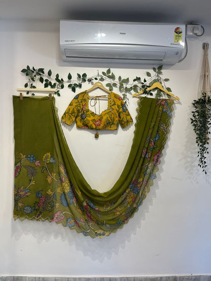 Green & Yellow Pen Kalamkari Organza Saree