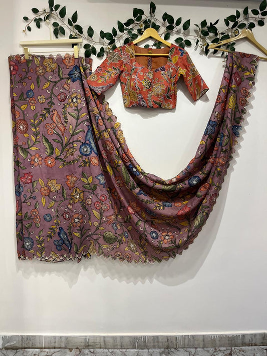 Lavender Peach Kalamkari Bangalore Silk Saree with Highlighted Cutwork Blouse