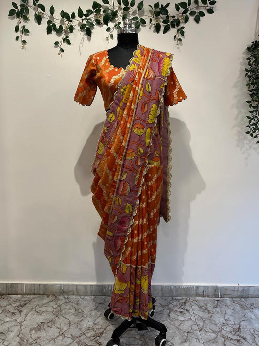 Banarasi Saree with Pen Kalamkari Border, Lace Detailing & Cutwork Blouse