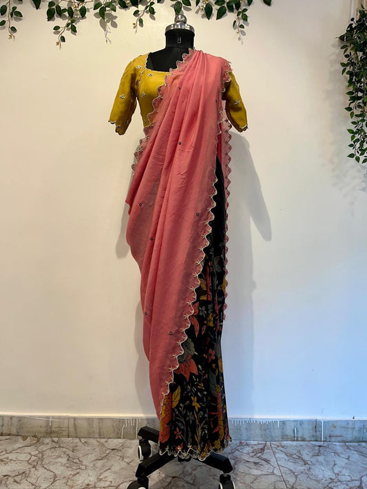 Half Kalamkari Organza Saree with Cutwork & Maggam Blouse