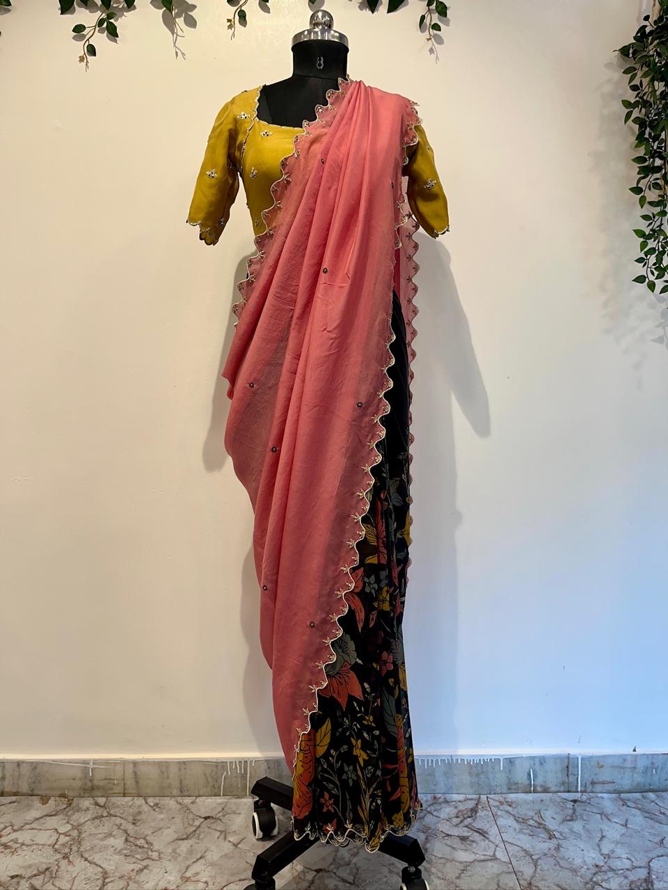 Half Kalamkari Organza Saree with Cutwork & Maggam Blouse