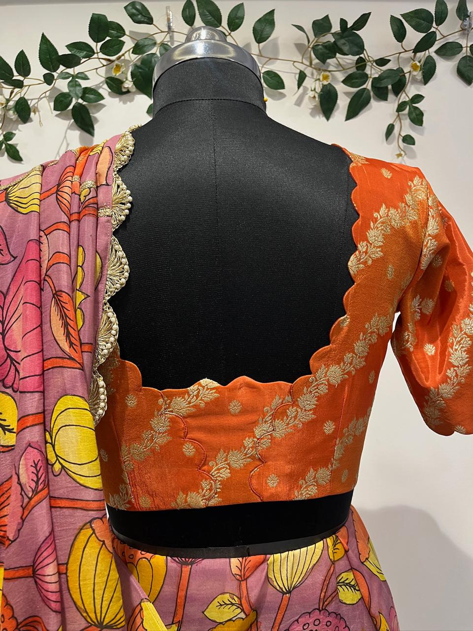 Banarasi Saree with Pen Kalamkari Border, Lace Detailing & Cutwork Blouse