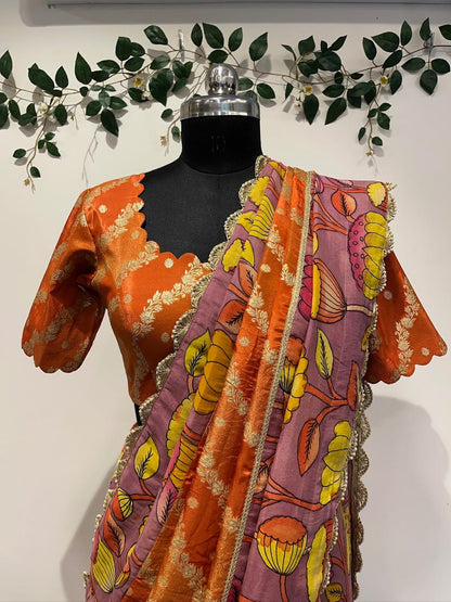 Banarasi Saree with Pen Kalamkari Border, Lace Detailing & Cutwork Blouse