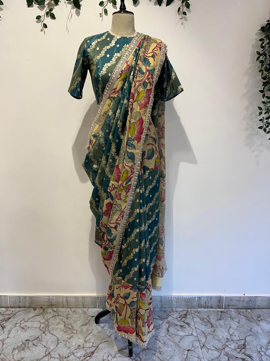 Banarasi Saree with Pen Kalamkari Border, Lace Detailing & Cutwork Blouse