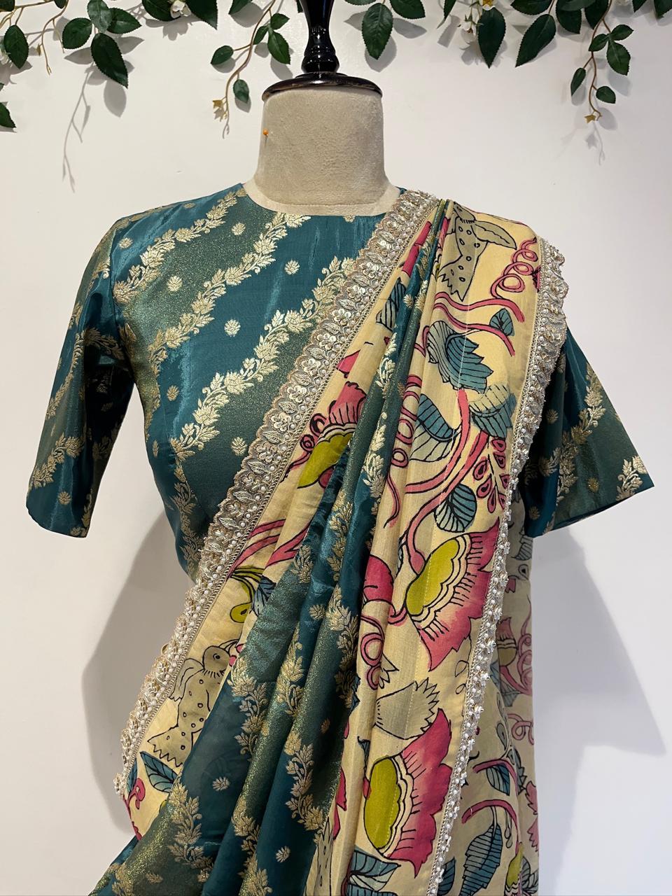 Banarasi Saree with Pen Kalamkari Border, Lace Detailing & Cutwork Blouse