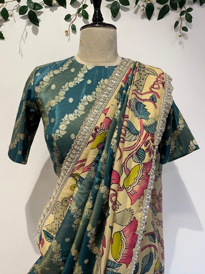 Banarasi Saree with Pen Kalamkari Border, Lace Detailing & Cutwork Blouse