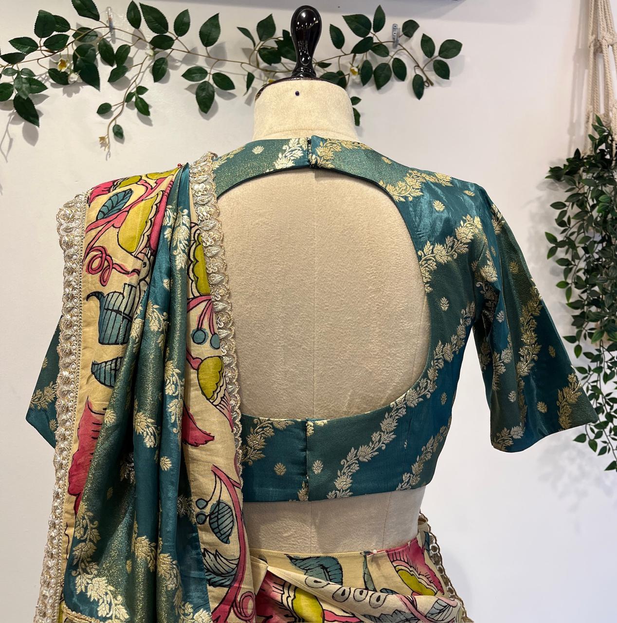Banarasi Saree with Pen Kalamkari Border, Lace Detailing & Cutwork Blouse