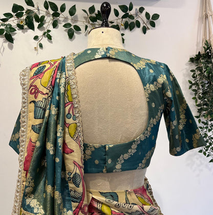 Banarasi Saree with Pen Kalamkari Border, Lace Detailing & Cutwork Blouse