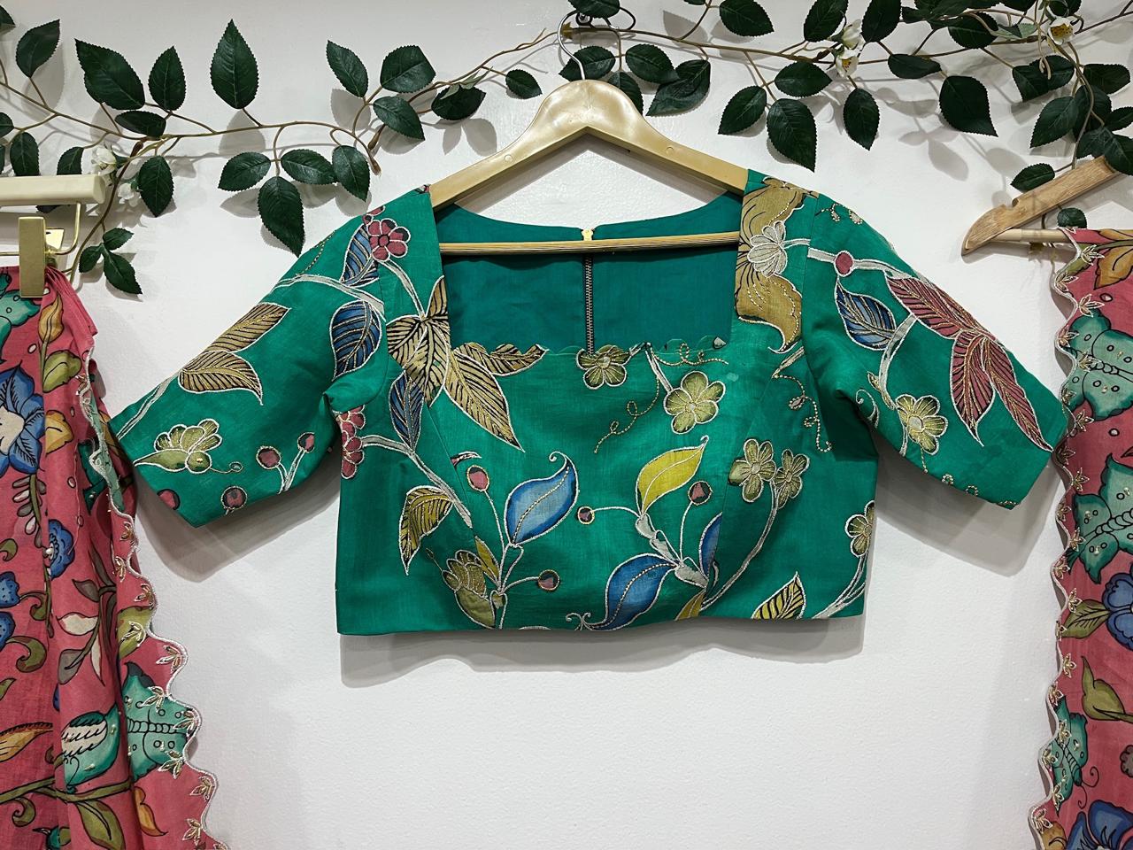 Peach & Sea Green Kalamkari Bangalore Silk Saree