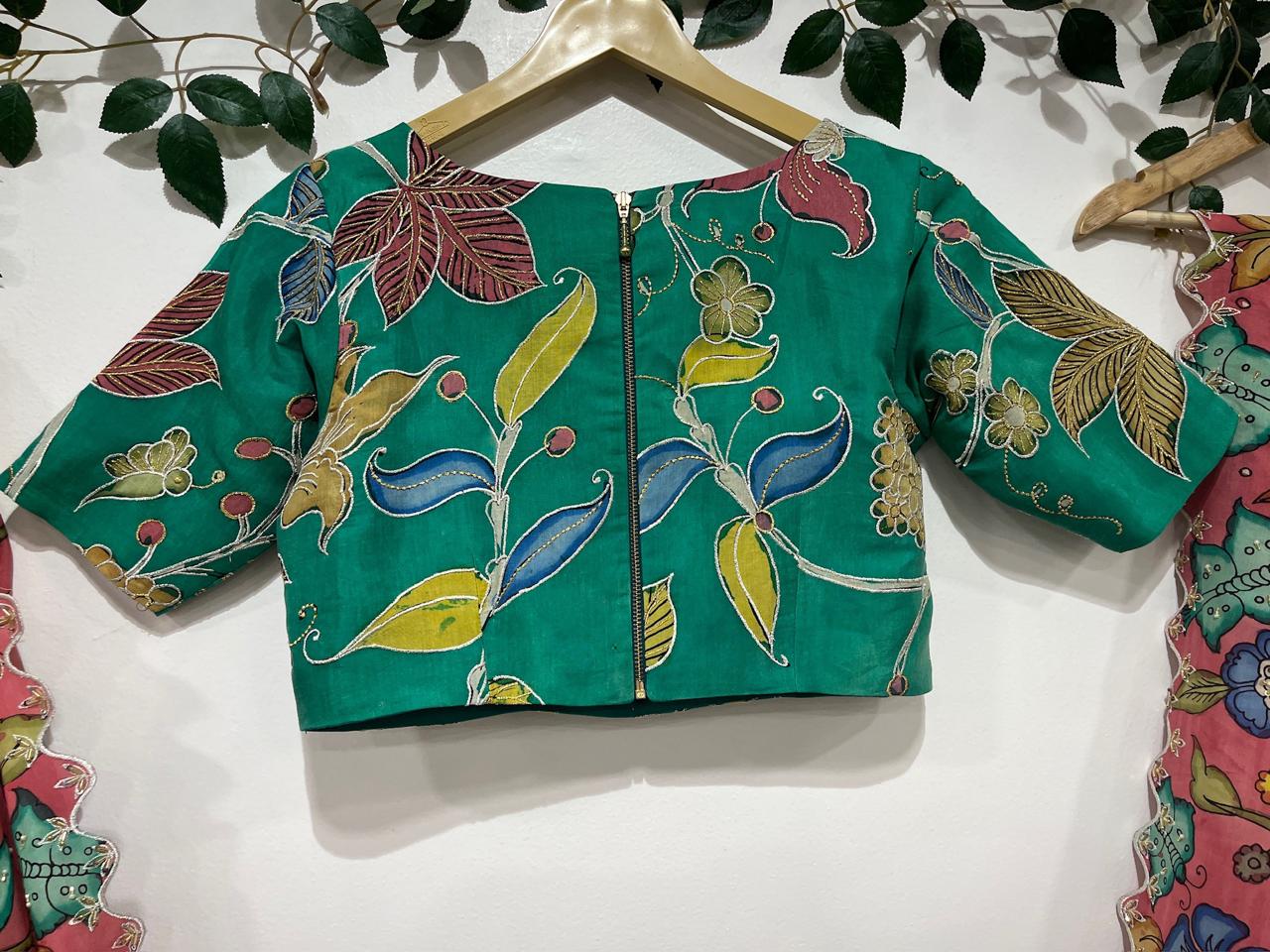 Peach & Sea Green Kalamkari Bangalore Silk Saree