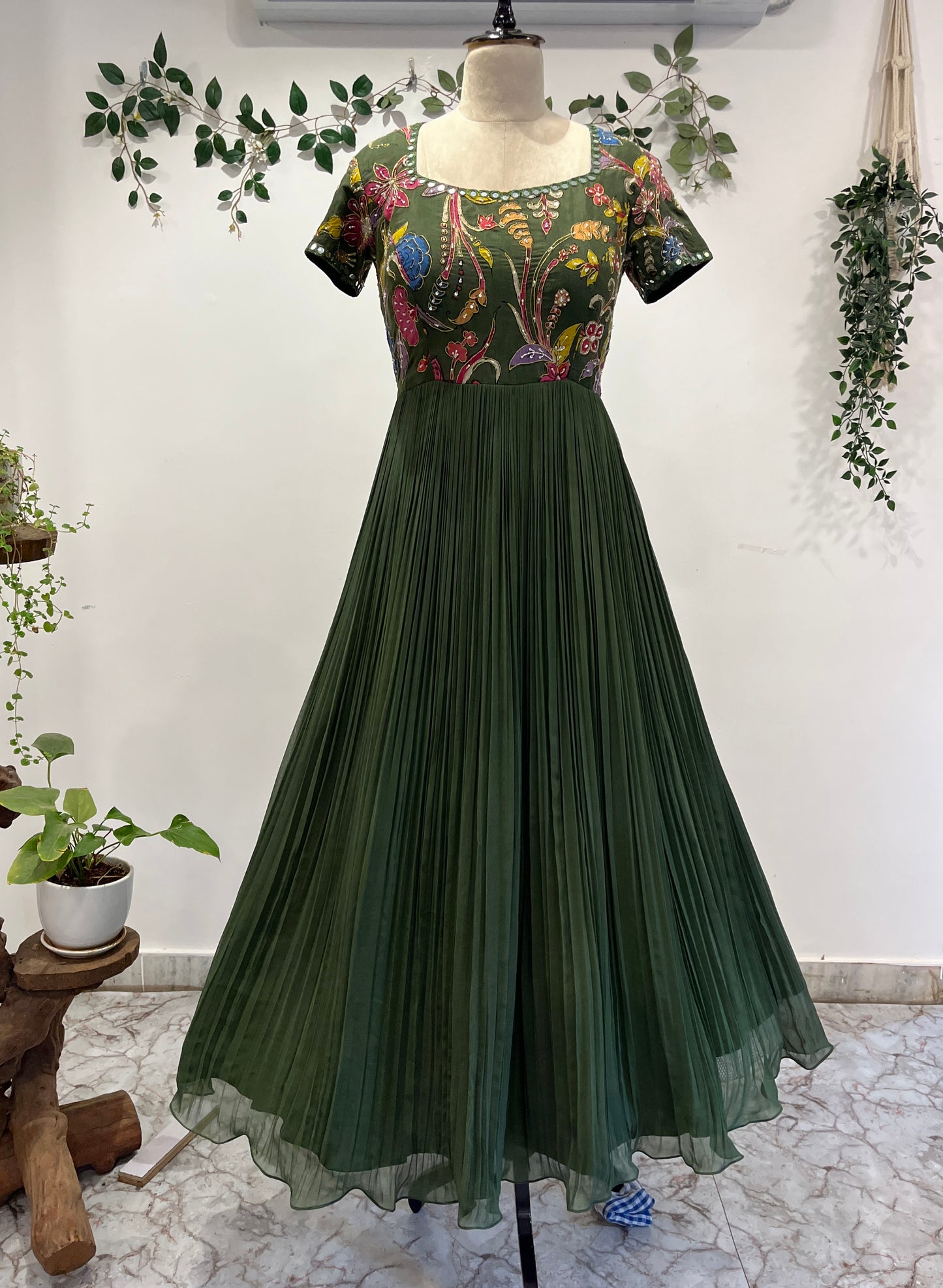 Bottle Green Organza Dress Long Frock