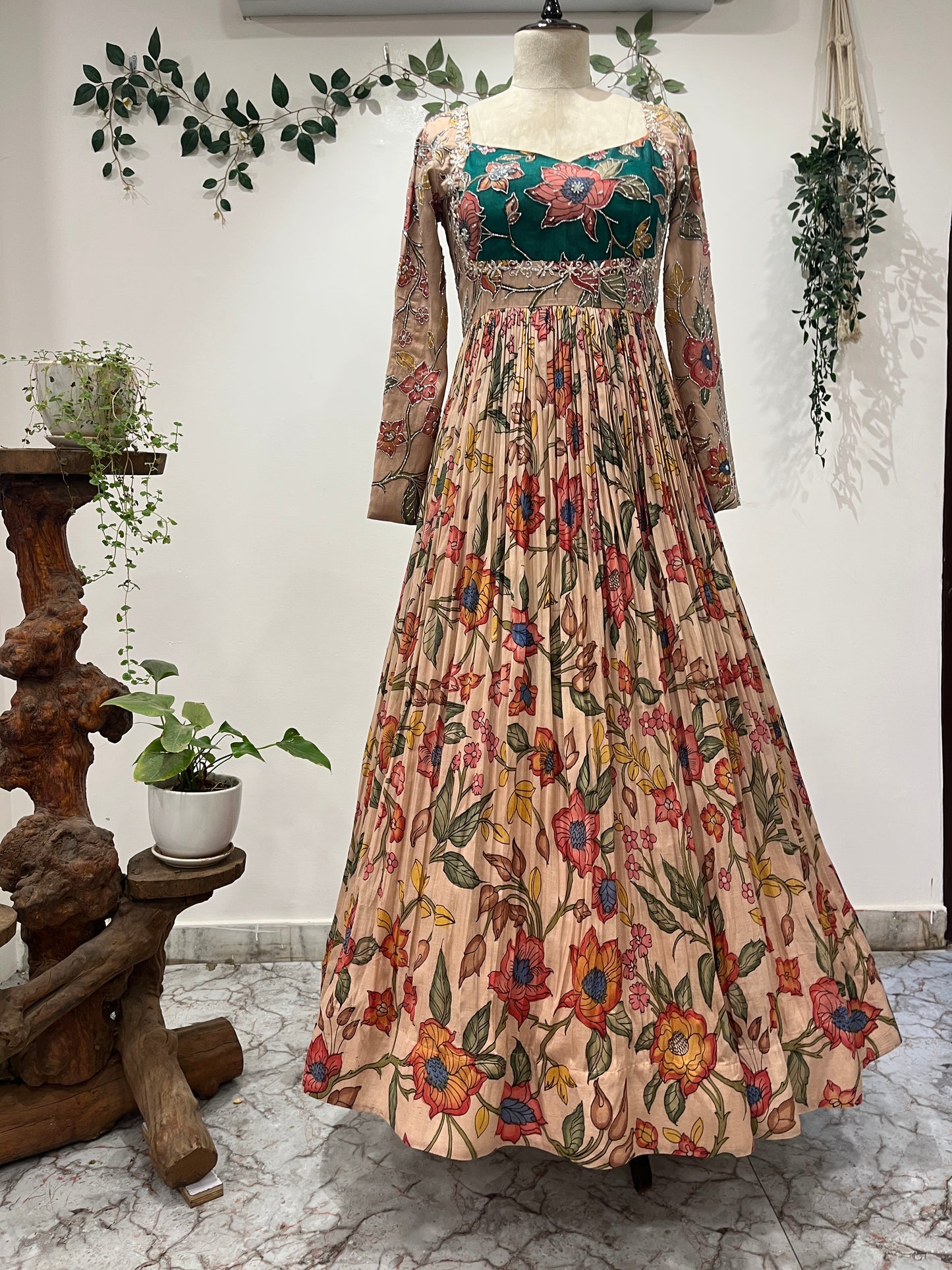 Cream Color Kalamkari Dress with Green Patch Long Frock