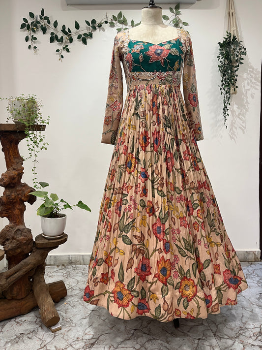 Cream Color Kalamkari Dress with Green Patch Long Frock