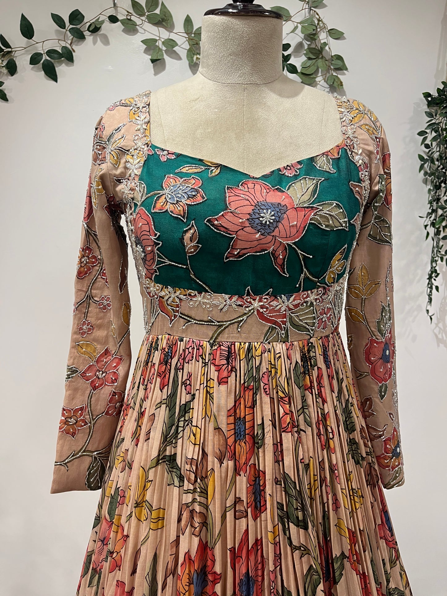 Cream Color Kalamkari Dress with Green Patch Long Frock