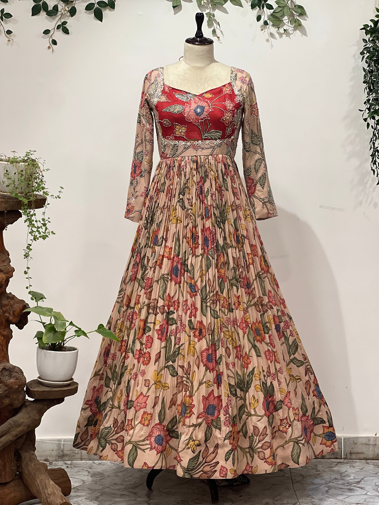 Cream Color Kalamkari Dress with Red Patch Long Frock