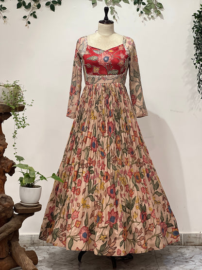 Cream Color Kalamkari Dress with Red Patch Long Frock