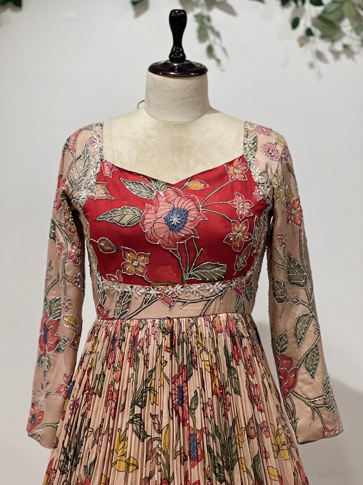 Cream Color Kalamkari Dress with Red Patch Long Frock