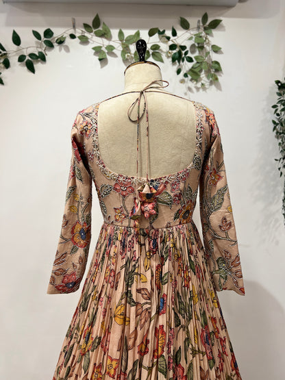 Cream Color Kalamkari Dress with Green Patch Long Frock